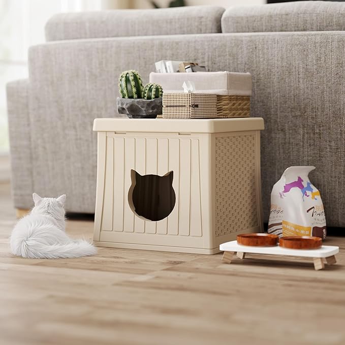 Heavy Duty Cat House Waterproof, Hidden Cat Litter Box Enclosure with Flip Lid for Easy Cleaning, Extra Thick Insulated Cat House Outdoor, Winter Feral Cat Shelter Weatherproof, Oakmilk