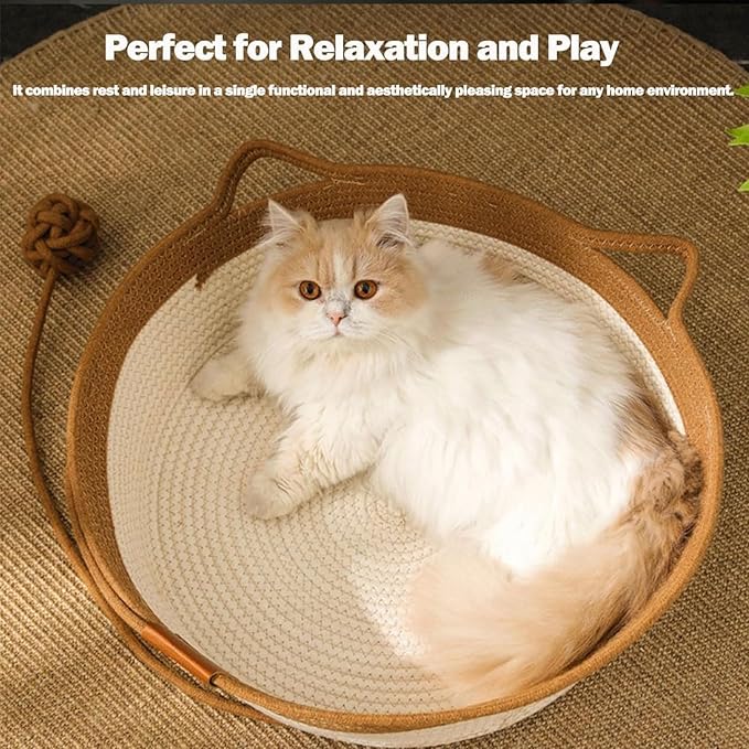 Cutypet Cat Basket, Cuty Pet Basket, Handwoven Cotton Rope Cat Bed, cat Scratch Bed with Built-in Teasing Ball, Breathable & Easy to Clean and Detachable Pad (Gray, Small)