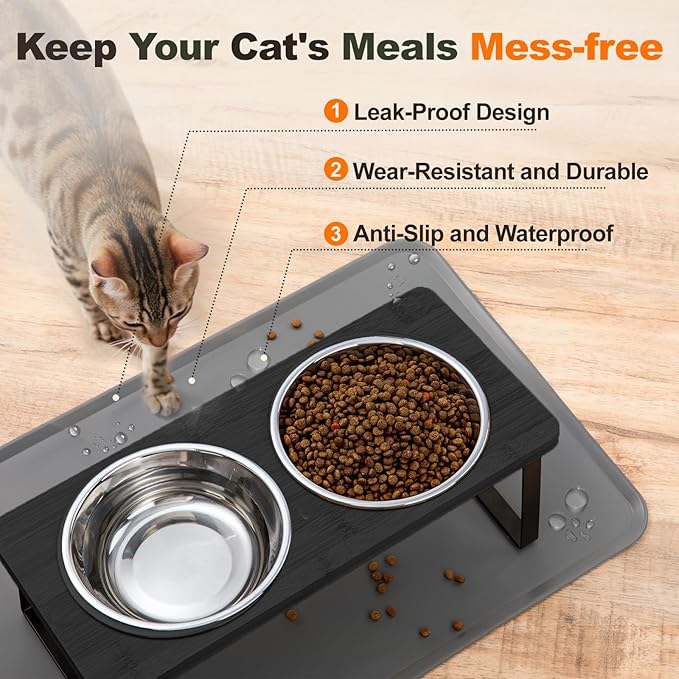 Elevated Cat Food Bowls with Mat Whisker Friendly, 15°Tilted Black Raised Cat Water Dishes Set for Anti Vomit, Pet Holder Stand Feeding Station for Indoor Kitten and Puppy