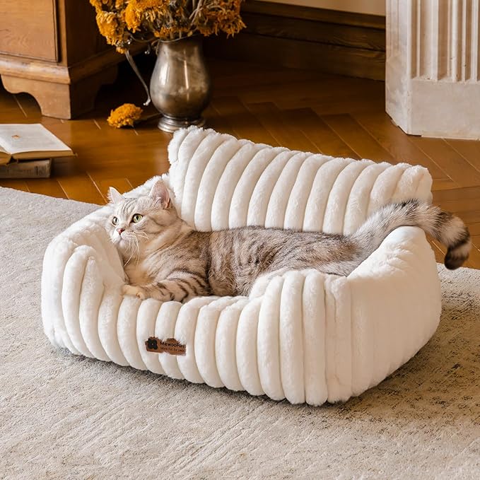 MEWOOFUN Cat Beds for Indoor Cats, Fluffy Cat Couch with Removable Washable Cover, Supportive Small Dog Beds for Puppy & Kitten up to 15 lbs (Beige, 24x19x12)