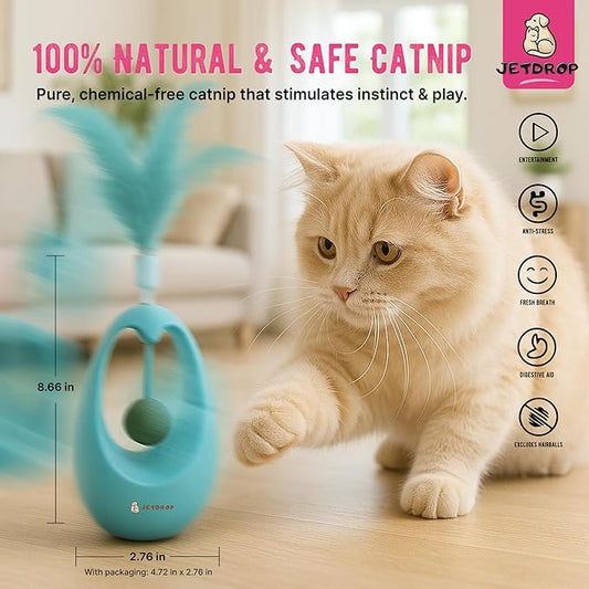 Cat Feather Toy - Interactive Self-Righting Wobble Tumbler with Catnip Ball for Indoor Cat Exercise and Entertainment - Silent Battery-Free - Perfect for Busy Owners (Green)