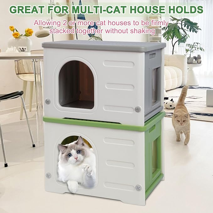 Plastic Cat House for Outdoor Indoor Use, Feral Cat Shelter Indoor Stackable Cat House Insulated Weatherproof Waterproof with Mat-Green