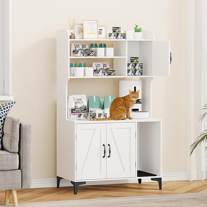 Large Cat Litter Box Enclosure Furniture with 3 Open Shelves and Storage Cabinet, Farmhouse Cat House Washroom with Scratch Pad, Modern Wood Pet House Side End Table for Livingroom Bedroom