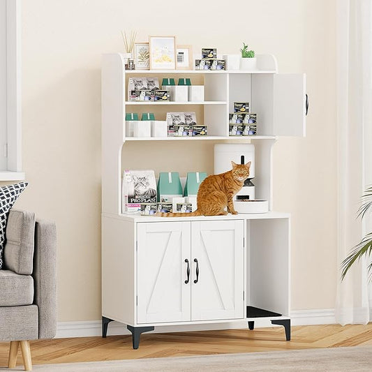 Large Cat Litter Box Enclosure Furniture with 3 Open Shelves and Storage Cabinet, Farmhouse Cat House Washroom with Scratch Pad, Modern Wood Pet House Side End Table for Livingroom Bedroom