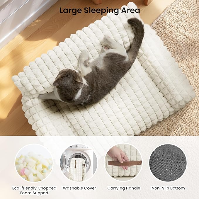 Cute Small Dog Couch Bed – Supportive & Fluffy Pet Sofa with Faux Rabbit Fur Washable Cover in 3D Diamond Pattern, 30" Off White