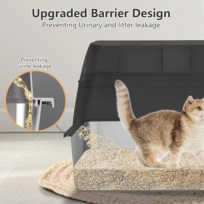 Stainless Steel Litter Box with Lid, XL Extra Large Metal Cat Litter Boxes for Big Cats Enclosed, Easy to Scoop with Litter Scoop Set, High Sides Enclosure Anti-Urine Leakage Non-Sticky, Black