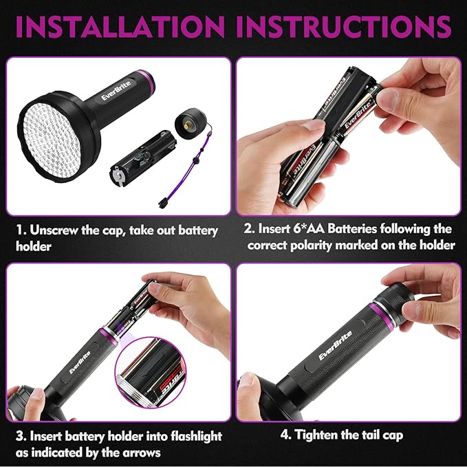 EverBrite UV Flashlight, 100 LED Blacklight Flashlights, 395nm Black Light Flashlight for Pet Urine Detection, Scorpions, Dry Stains, Bed Bug (Batteries Included)