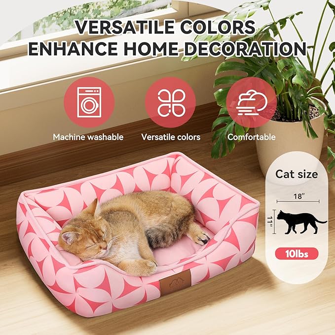 Rectangle Cat Dog Bed for Large Medium Small Pets Indoor Outdoor Machine Washable Sleeping Sofa Non-Slip Bottom Soft Puppy Bed Durable Orthopedic Calming Pet Cuddler (Small, Pink Pattern)