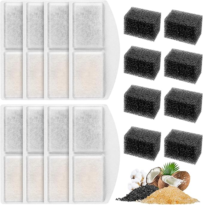 8 Pack Pet Fountain Filter Replacement and 8 Pack Replacement Pre-Filter Sponges, Pack of 16 Cat Water Fountain Filters and Foam Compatible with 100oz/3L Automatic Pet Fountain