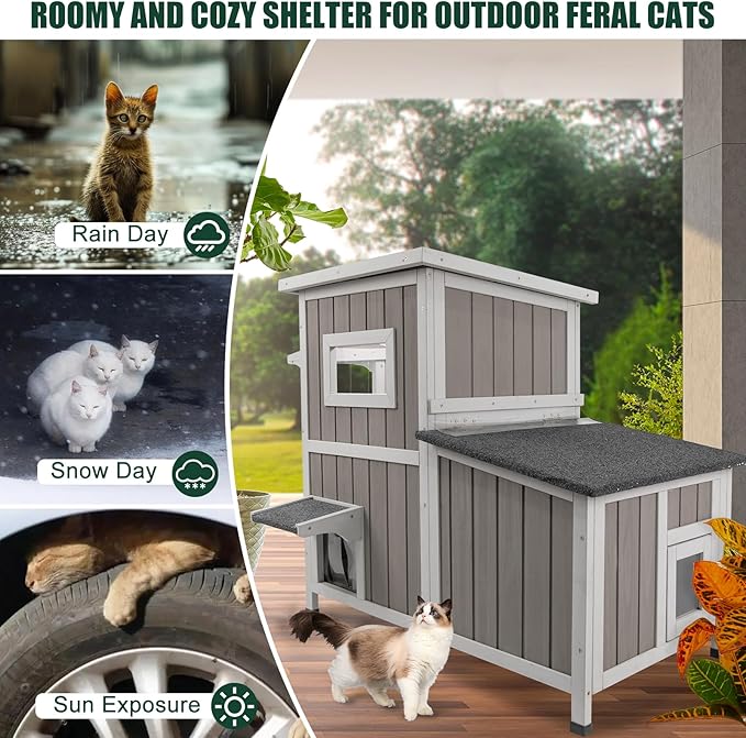 Cat House Outdoor Cat Shelter for 2-3 Feral Cats Two Story Wooden Cat Houses for Outside Cats Weatherproof in 3 Rooms,with Asphlat Roofs 3 Escape Doors Acrylic Window Easy Assemble