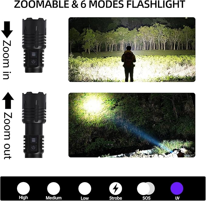 Zoomable 365nm UV Flashlight - High Lumen Rechargeable Tactical Blacklight, Bright Handheld Detector for Rock Hunting/Resin Curing/Pet Urine/Scorpion Tracking, Waterproof Camping Flash Light
