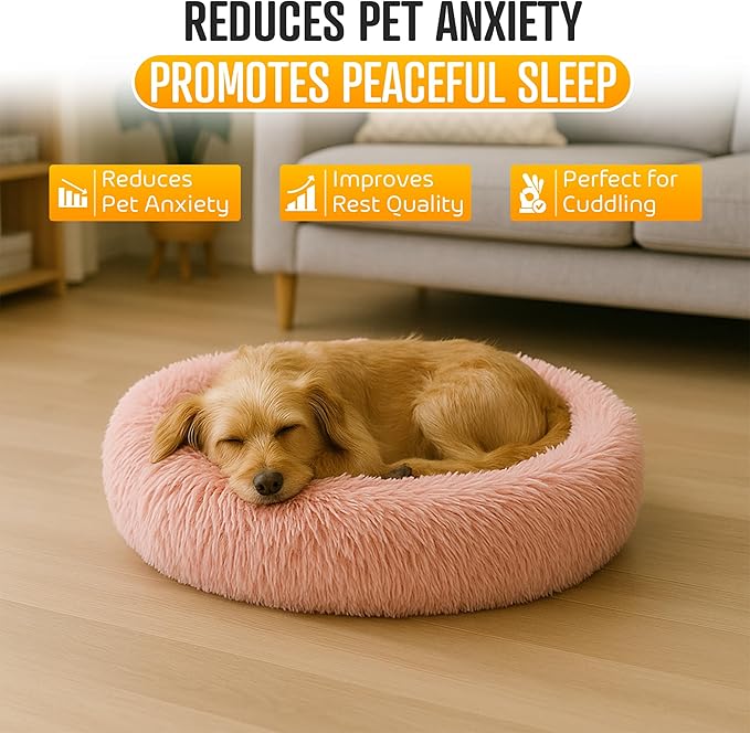 Anti-Anxiety Donut Pet Bed, Round Plush Faux Fur, Washable, Small to Medium Dogs and Cats (Pink, Large)