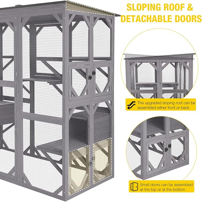 Aivituvin Cat House Outdoor Catio Kitty Enclosure with Super Large Enter Door,Wooden Cat Cage Condo Indoor Playpen with Platforms,Small House 71 Inch