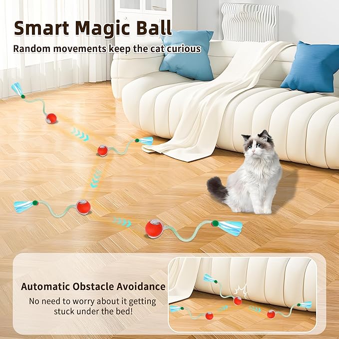 Interactive Cat Toy Ball for Indoor Cats, 2025 New Fast Self Rolling Ball Cat Toy on Carpet, Smart Interactive Automatic Cat Toy Ball for Gifts, Moving Cat Toy with Elastic Mesh Tail(Red)