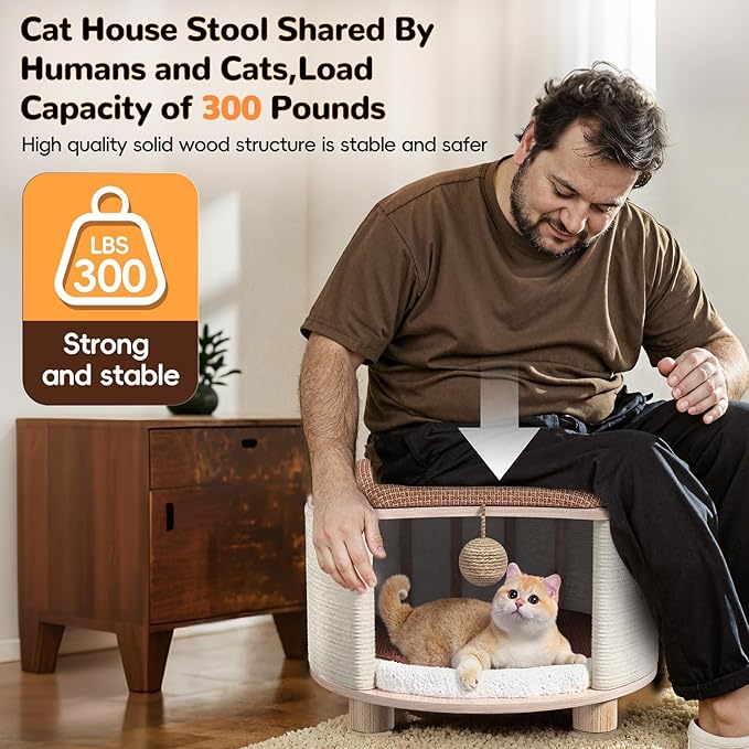 Solid Wood Cats House Stool, 300-lb Capacity. Large Cat Bed Cave for Indoor Cats & Humans. Cat Toy Ball, Removable Scratching Pad, Fleece Blanket. Suitable for Pets Under 20 lbs. 15.7"x15.7"x10.6"