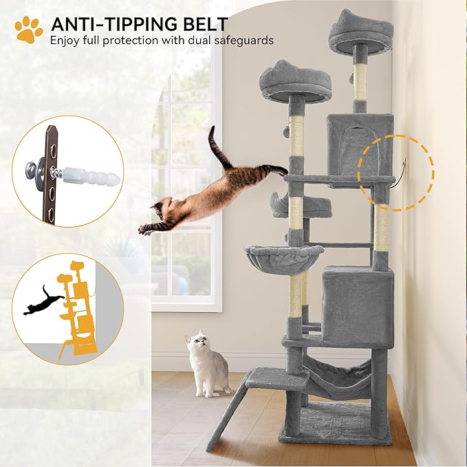 YITAHOME 75-Inch Tall Cat Tree Indoor: Multi-Level Kitten Tower with Kitty Condos, Top Perches, Sisal Ramp, Scratching Posts & Cozy Basket Hammocks Pet Play House Light Gray