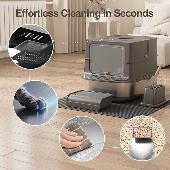 Jalove Stainless Steel Cat Litter Box with Lid, XL Extra Large Metal Litter Box for Big Cat, Covered Enclosed Kitty Litter Boxes, High Sided Enclosure with Scoop & Mat, Easy Cleaning, Dark Gray