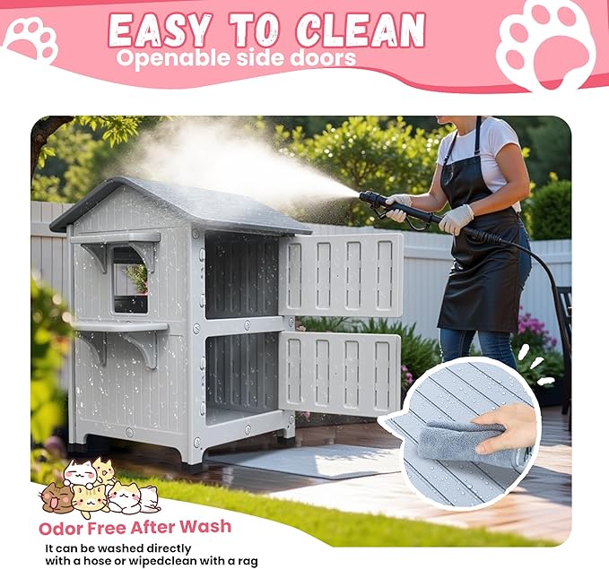 Waterproof Cat House for Outdoor Cats, Plastic 2 Story Insulated Outdoor Cat House with Soft Mat & Escape Door, Sturdy Cat Houses for Outdoor Cats, Easy to Clean-Grey
