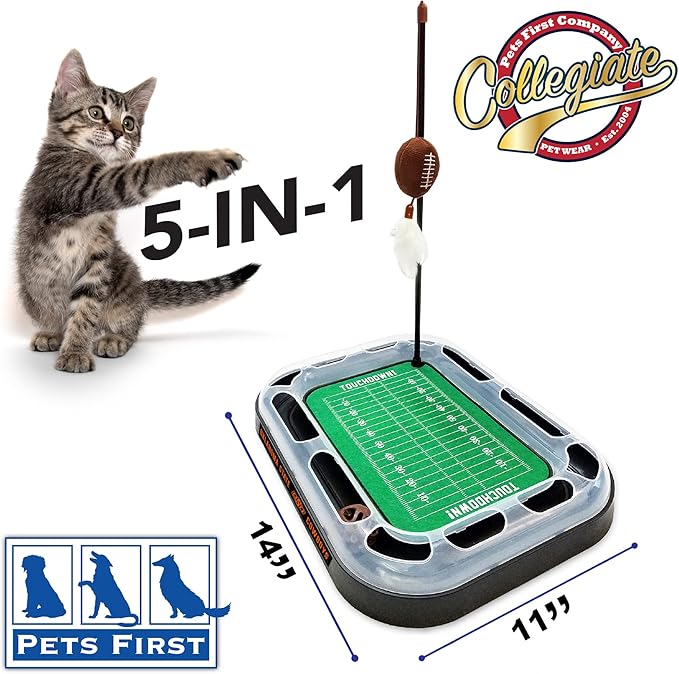 Pets First 5-in-1 Cat Toy: Scratcher, Wand, Plush Football & Feathers with Catnip & Interactive Cat Ball Bell