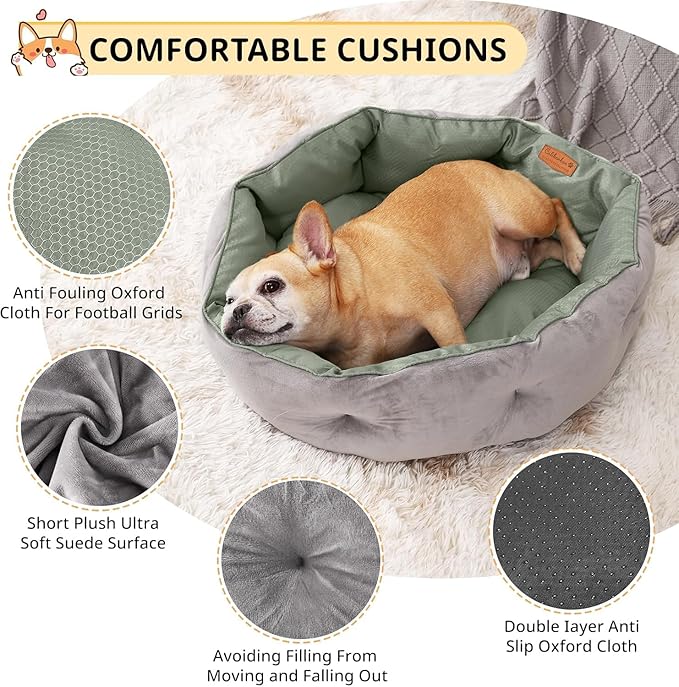 Dual-Sided Dog Beds for Medium & Small Dogs - Round Cat Beds for Indoor Cats, Washable Pet Bed for Puppy and Kitten with Slip-Resistant Bottom (Grey, 20" L x 20" W x 6" Th)