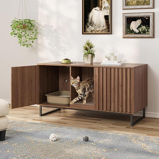Cat Litter Box Enclosure for 2 Cats, 47.6’’ Litter Box Furniture Hidden with Scratch Pad, Double Room Large Cat Cabinet, Indoor Pet House TV Stand Side Table,Cats Washroom, Brown