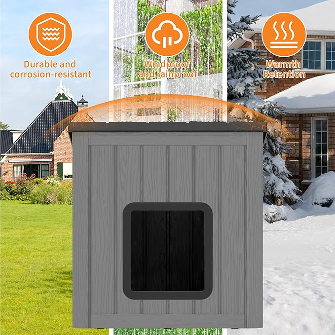 NUNU Outdoor Cat House – Weatherproof & UV Resistant PP Material Shelter with Sloped Asphalt Roof, Durable Cat Condo for Garden, Patio, and Backyard (Black, Large)