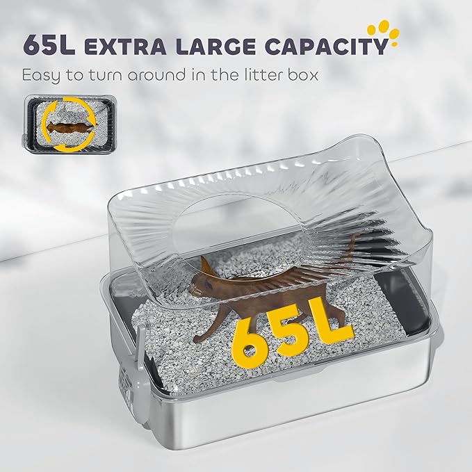 PawHut XL Stainless Steel Litter Box, Extra Large Enclosed Cat Litter Pan with High Wall Sides, Scoop, Top Entrance, Non-Slip Pads, Anti-Urine Leakage, Non-Sticky, Black