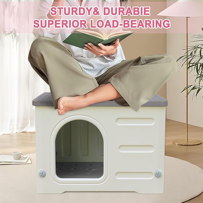 Hicaptain Cat Houses for Indoor Cats with Escape Door Plastic Outdoor Cat House Puppy Feral Cat Shelter for Small Medium Pets-Grey