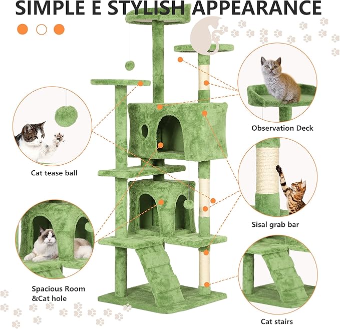 BestPet 70in Cat Tree Tower for Indoor Cats,Multi-Level Cat Furniture Activity Center with Cat Scratching Posts Stand House Cat Condo with Funny Toys for Kittens Pet Play House,Green