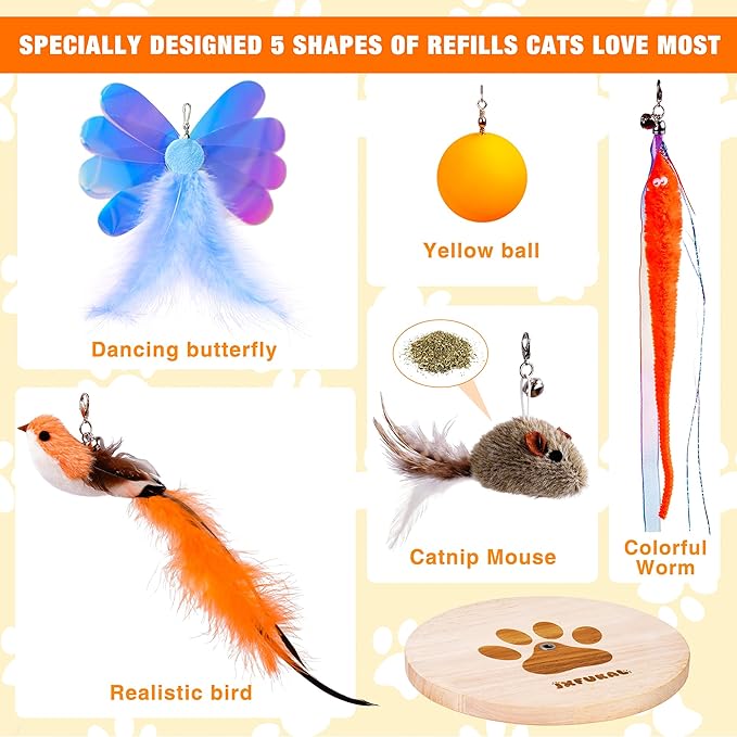JXFUKAL Interactive cat Toy, Automatic Cat Wand Toy with Stable Wooden Base, 2 PCS Detachable Cat Teaser, 5PCS Refills Replacement & Hanging Elastic String, Kitty Kitten Toys Feather Spring Bird Toy