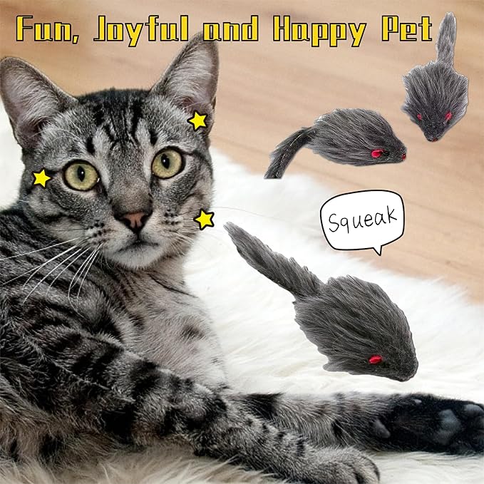 Cat Toys, 5 Pack Faux Fur Mouse Toys, Interactive Cat Toy 6.3โ Realistic Size Grey Furry Rattle Mouse Without Catnip Kitten Cat Toy for Bored Indoor Adult Cat, Kitten Interactive Play