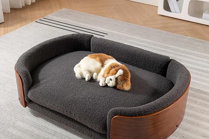 HomSof 38.58" Scandinavian Style Elevated Dog Cat Bed Pet Sofa with Solid Wood Legs and Bent Wood Back with Velvet Cushion,Large Size,Grey+Brown