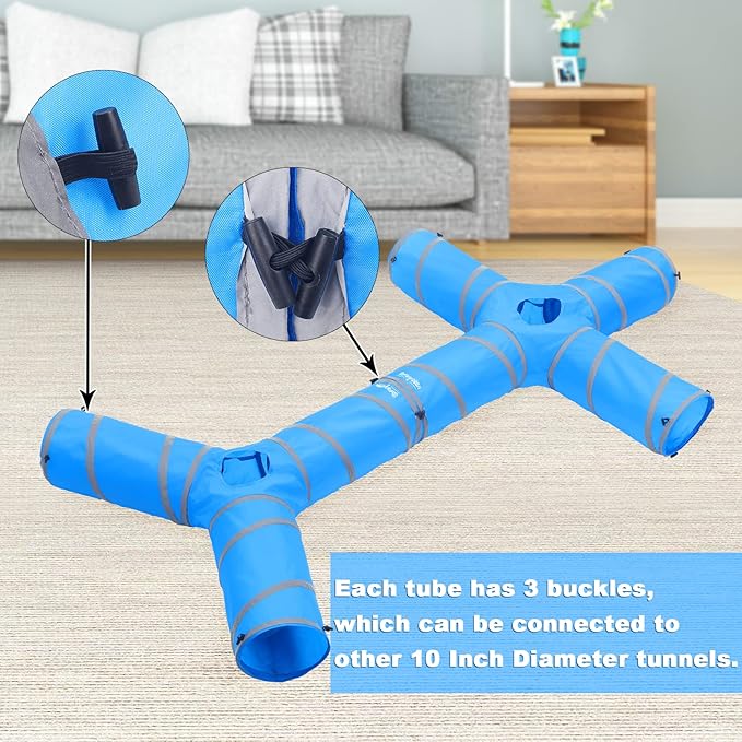 3 Way Cat Tube Tunnel - Indoor Cat Toy Tunnels Includes Crinkle Paper, Mouse Toy - Connect More Tunnels - Pop Up Collapsible - 10 Inch Diameter (Blue)