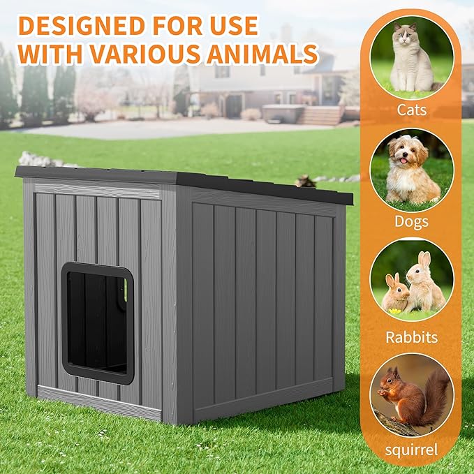 NUNU Outdoor Cat House – Weatherproof & UV Resistant PP Material Shelter with Sloped Asphalt Roof, Durable Cat Condo for Garden, Patio, and Backyard (Black, Large)