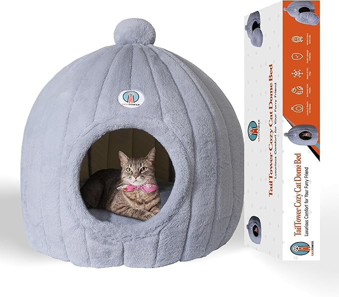 Extra Large Cat Cave Bed for Large Cats & Small Dogs β Plush Dome Hideaway with Removable Cushion β Spacious, Enclosed Cat House (24x23β, Light Gray)