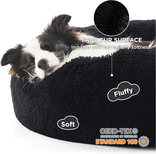 Bedsure Calming Dog Bed for Large Dogs - Donut Washable Large Pet Bed, 36 inches Anti-Slip Round Fluffy Plush Faux Fur Dog Bed, Fits up to 80 lbs Pets, Black