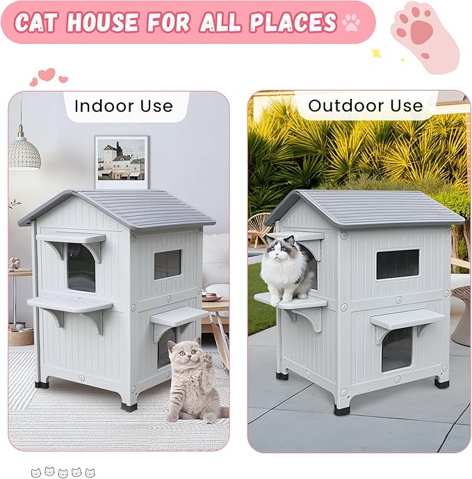 Waterproof Cat House for Outdoor Cats, Plastic 2 Story Insulated Outdoor Cat House with Soft Mat & Escape Door, Sturdy Cat Houses for Outdoor Cats, Easy to Clean-Grey