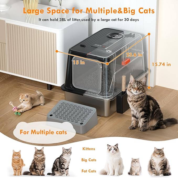 Smart Odor Control Stainless Steel Litter Box,160° Flip-Top Extra Large Cat Litter Box,Safety Protection,for Big Cats&Multiple Cats,with cat Litter Spoon and footrest,Anti-Leakage, Non-Sticky