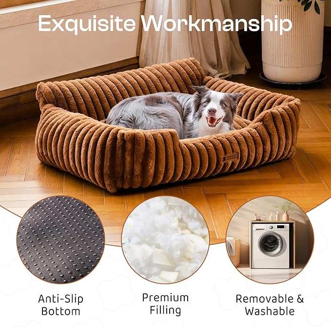 MEWOOFUN Dog Sofa Bed, Fluffy Dog Couch with Removable Washable Cover, Supportive Puppy Bed for Medium Sized up to 45 lbs (Brown, 36x28x12)