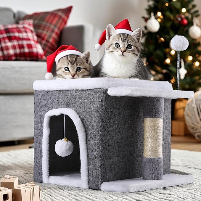 YITAHOME Cat Bed for Indoor Cats Cube House, Covered Cat House with Fluffy Ball Hanging and Nature Sisal Post,Cat Cave Bed Playhouse, Cute Cat Condo for Multi Small Pet Kitten, Grey