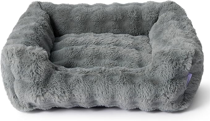 Lesure Fluffy Dog Beds for Puppy&Kitten- Orthopedic Rectangle Calming Pet Sofa,Fluffy Plush Bubble Bolster Cat Bed with Removable Washable Cover and Nonskid Bottom,20x19x6inches,Grey