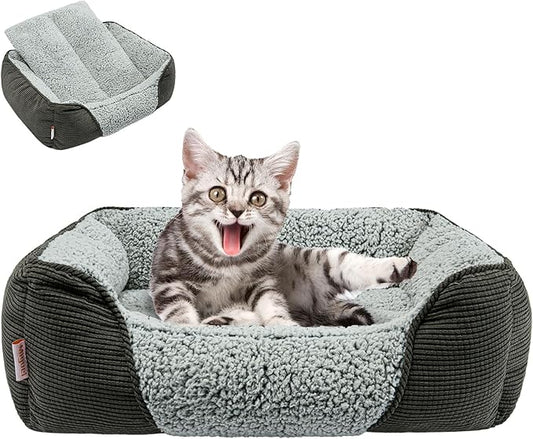 Miguel Washable Cat Bed for Indoor Cats With Removable Cushion, Easy to Wash Small Pet Sofa With Side, Rectangle Bolster Kitten Calming Cuddle Puppy Bed, Anti-Slip Bottom, Gray 18 Inch