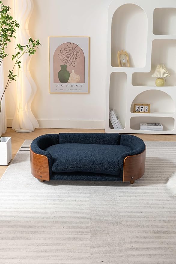 HomSof 38.58" Scandinavian Style Elevated Dog Cat Bed Pet Sofa with Solid Wood Legs and Bent Wood Back with Velvet Cushion,Large Size,Light Grey