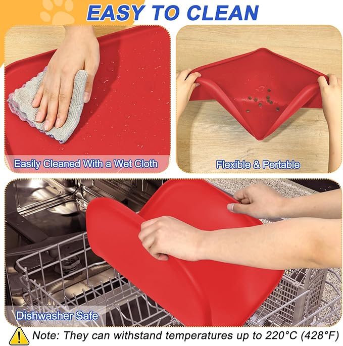 Silicone Pet Feeding Mat with Raised Edge for Food and Water, Dog Bowl Mats, Cat Bowls Placemat with High Lip for Floor Waterproof, Rubber Tray for Cats and Dogs 24 x 16 x0.8 Red