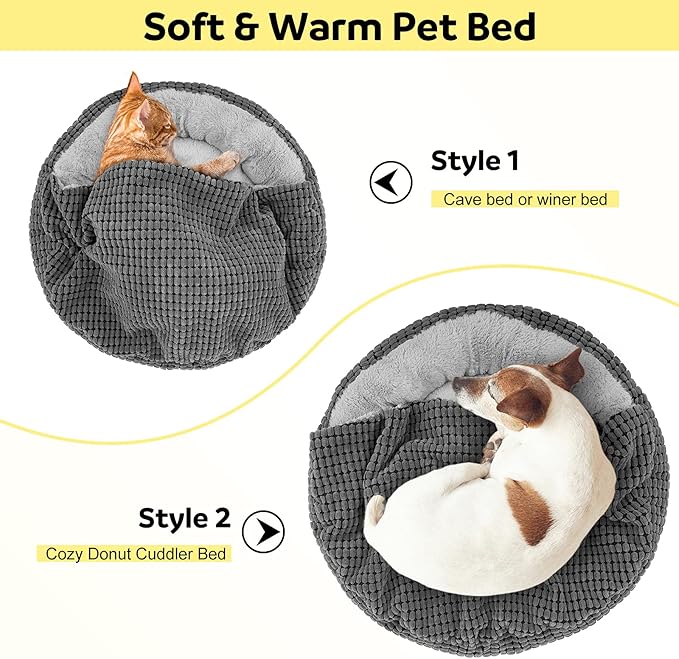 SIWA MARY Small Dog Bed with Attached Blanket, Cozy Donut Cuddler Anti-Anxiety Hooded Pet Beds Calming Cave Bed. Orthopedic Round Puppy Beds for Dogs or Cats Washable, Anti-Slip Bottom, 23inch