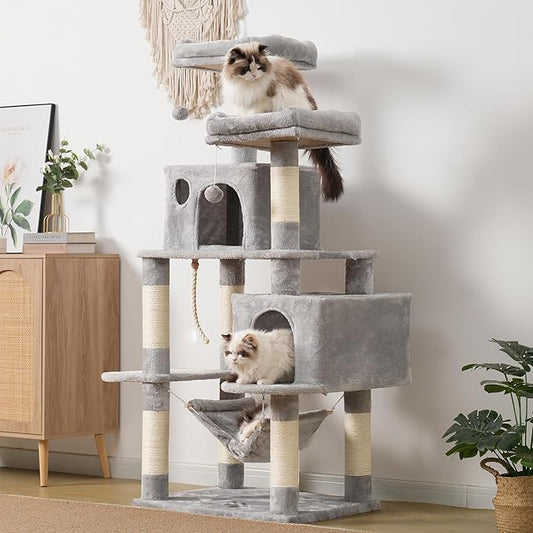 Hey-brother Large Multi-Level Cat Tree Condo Furniture with Sisal-Covered Scratching Posts, 2 Bigger Plush Condos, Perch Hammock for Kittens, Cats and Pets Light Gray MPJ020W