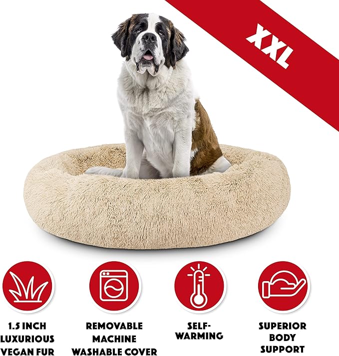 The Dog’s Bed Sound Sleep Donut Dog Bed, XXL Dog Beige Fur Calming Nest Bed Removable Cover, Veterinary Approved