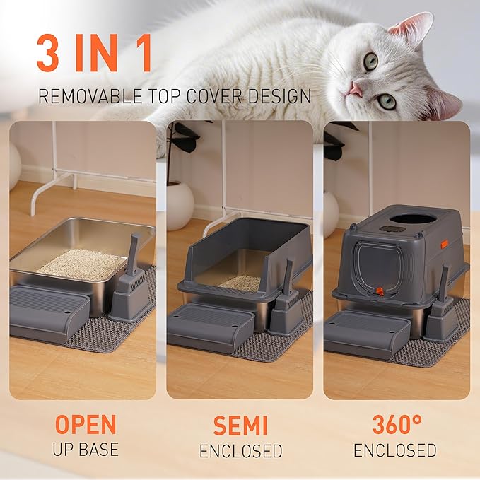 Citylife Stainless Steel Cat Litter Box with Lid, Front & Top Entry Extra Large Metal Kitty Litter Box Enclosure with Scoop & Double Layer Mat, Anti-Leakage, Non-Sticky, Dark Grey