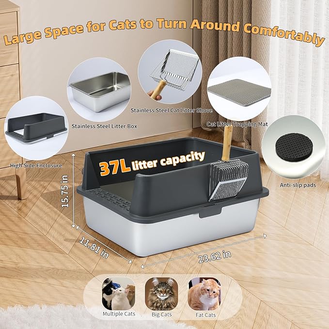 Stainless Steel Litter Box X-Large Enclosed Metal Cat Litter Box for Big Cats with Lid Litter Mat Metal Scoop Long Lasting Odor Free Easy Clean Non-Sticky High Sided Anti-Leakage Grey XL