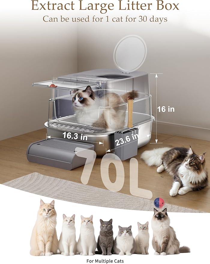 XXL Stainless Steel Covered Cat Litter Box with Lid – Extra Large Enclosed Metal Litter Box for Big Cats, Leak-Proof, Odor Control, Top Exit, Scoop, Pedal & Non-Slip Mat, Easy to Clean